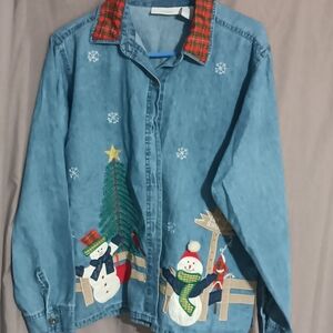 Dressbarn Women's Blue Jean Jacket with Festive Design